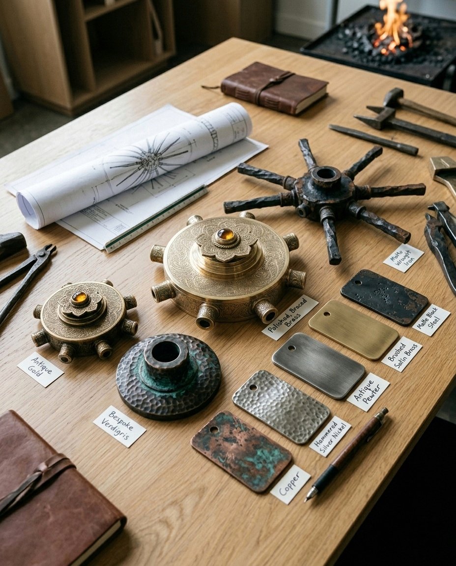 A professional display of metal finish samples on a wooden table, including antique gold, hammered silver, matte black steel, and verdigris copper swatches next to technical blueprints.
