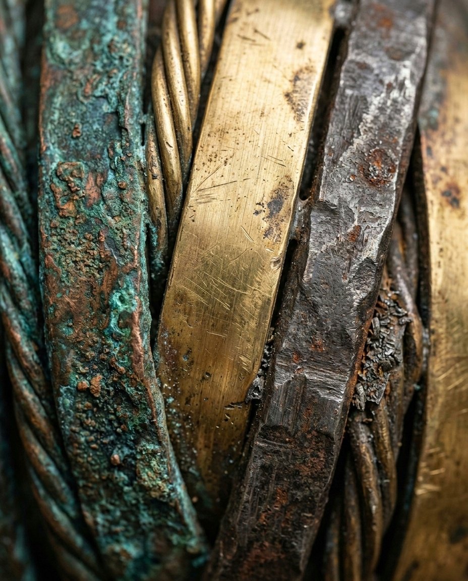 Extreme close-up of weathered bronze patina, brushed steel, and oxidized brass textures with tactile industrial details.