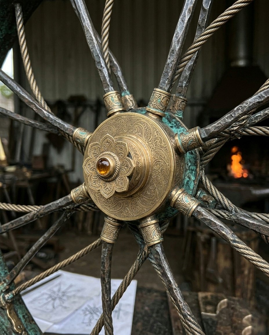 Close-up of a custom-designed metal wheel hub featuring intricate brass engravings, hand-forged steel spokes, and aged bronze patina.