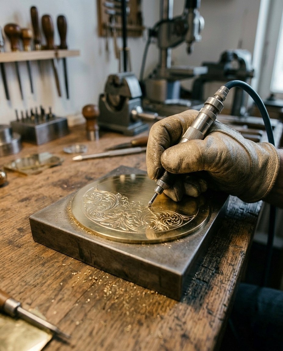 Close-up of a gloved hand using a precision engraving tool to carve floral filigree patterns into a brass metal plate.
