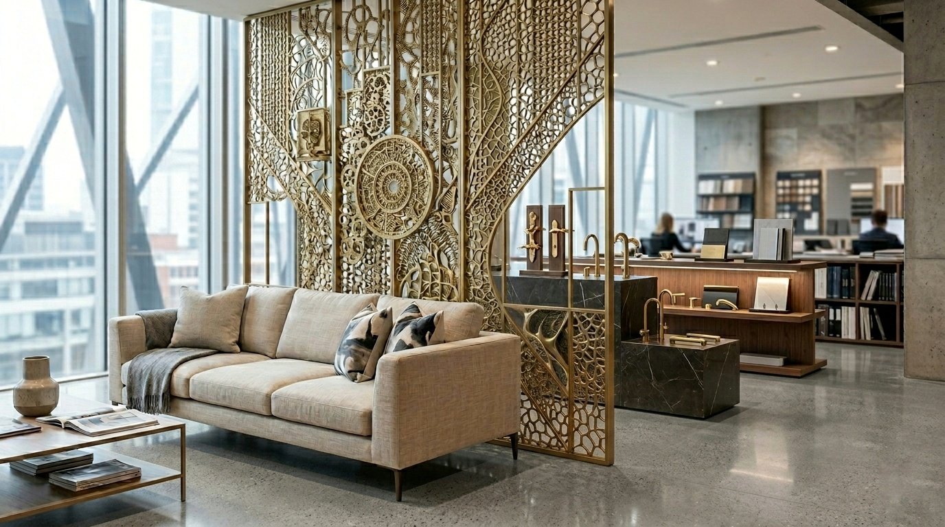 Luxury interior featuring a highly intricate custom brass partition screen, a modern sofa, and architectural metal products on display in a bright showroom.