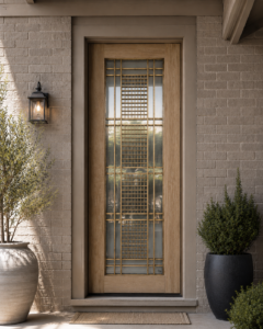 Bespoke luxury main entrance door featuring an intricate, geometric brass lattice grill overlay on a glass pane, framed by premium natural light oak timber on a modern brick entryway.