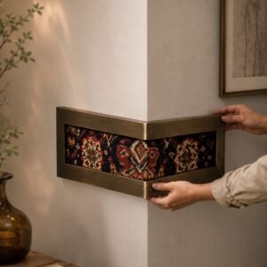 Antique brass corner frame with a dark red and black kilim rug pattern being mounted on a wall corner near a framed print