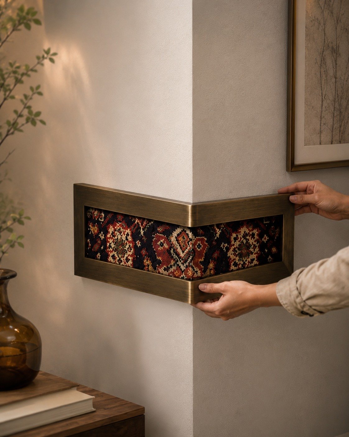 Antique Brass Corner Wall Frame with Vintage Kilim Textile Antique brass corner frame with a dark red and black kilim rug pattern being mounted on a wall corner near a framed print