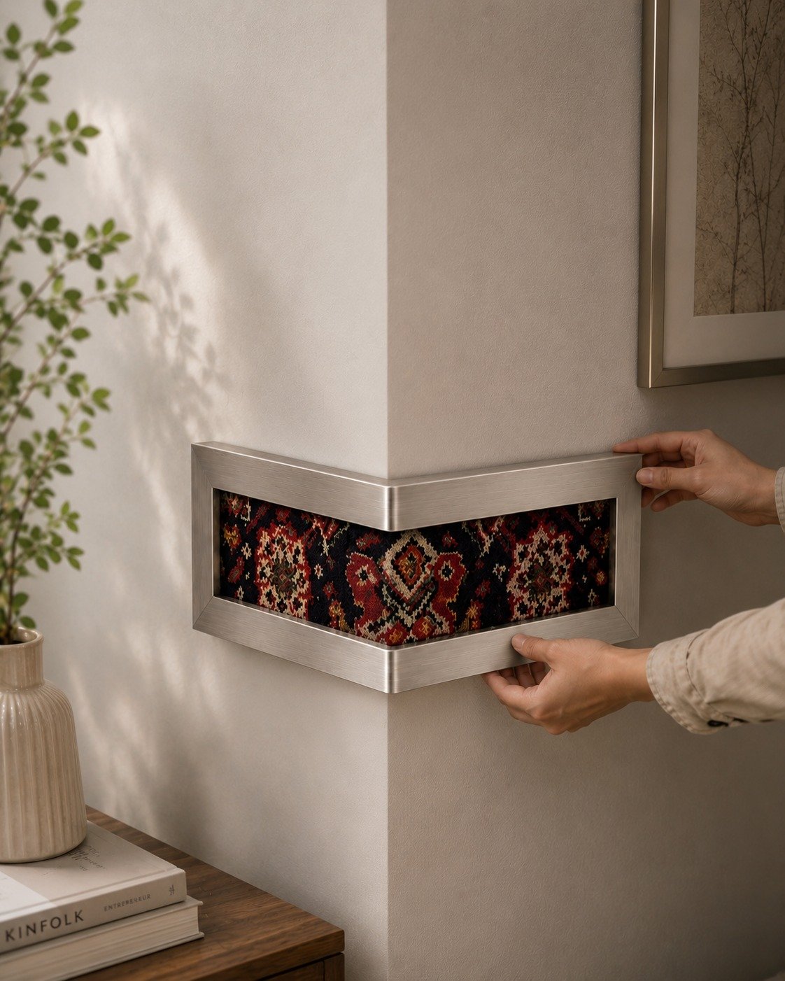 Brushed Nickel Corner Frame Featuring Traditional Kilim Pattern Close-up of a brushed nickel corner wall frame displaying a red, black, and gold kilim textile, being installed by hand