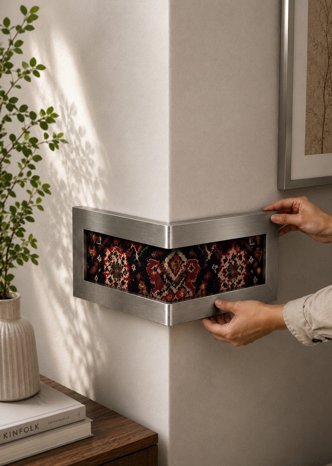 Brushed Silver Corner Wall Frame with Kilim Textile Insert Hands mounting a brushed silver metal corner frame with a red and black kilim rug pattern onto a beige wall corner