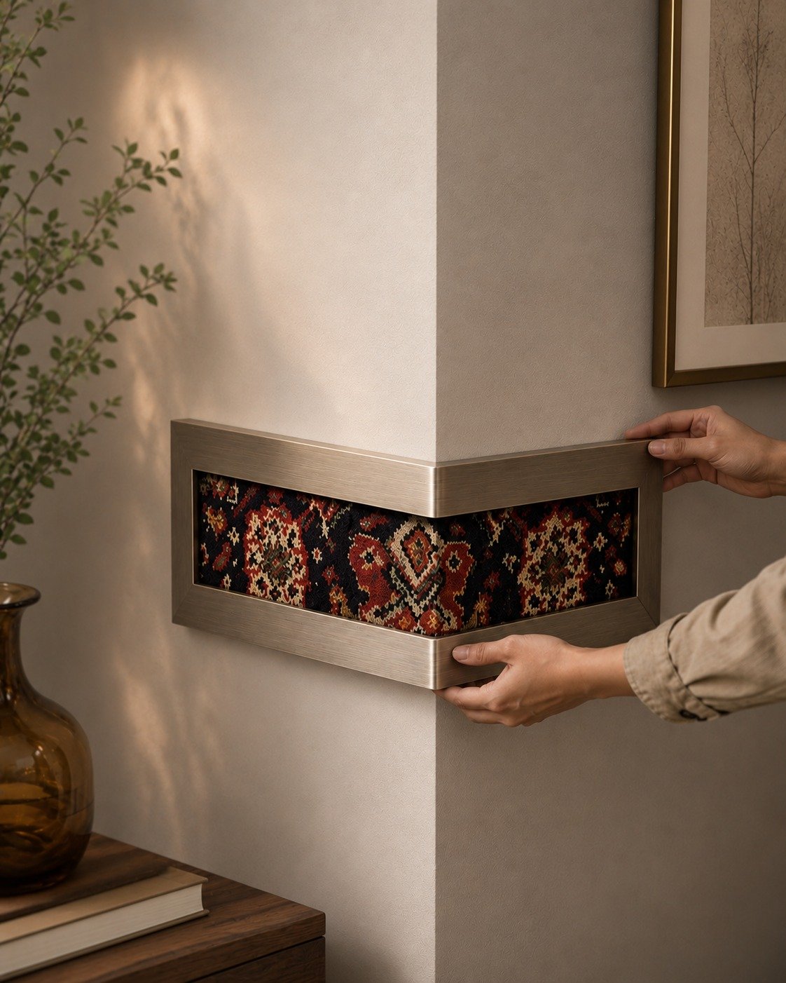 Champagne Bronze Corner Wall Frame with Woven Kilim Design Champagne bronze metal corner frame holding a red and cream kilim pattern textile, mounted on a warm beige wall corner