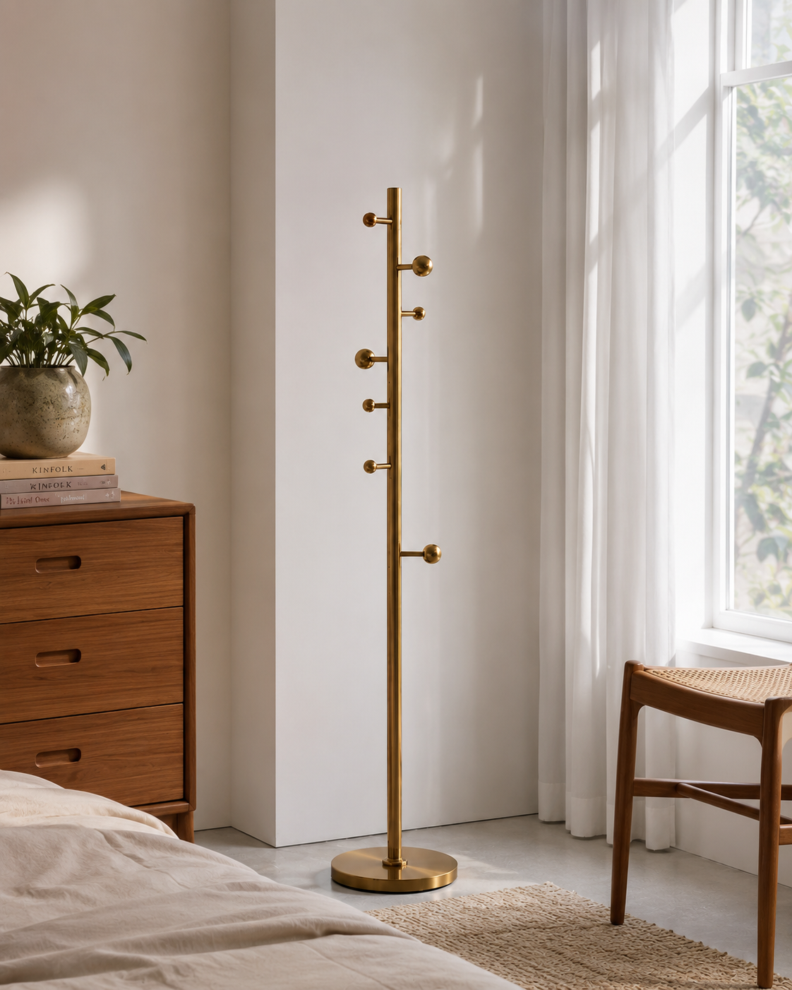 Modern Brass Floor Coat Stand for Bedroom & Entryway Modern brushed brass freestanding coat stand with multiple hooks in a minimalist bedroom interior.