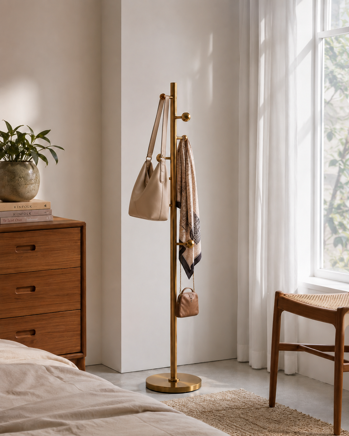 Modern Brass Floor Coat Stand for Bedroom & Entryway Modern brushed brass freestanding coat stand with multiple hooks in a minimalist bedroom interior.